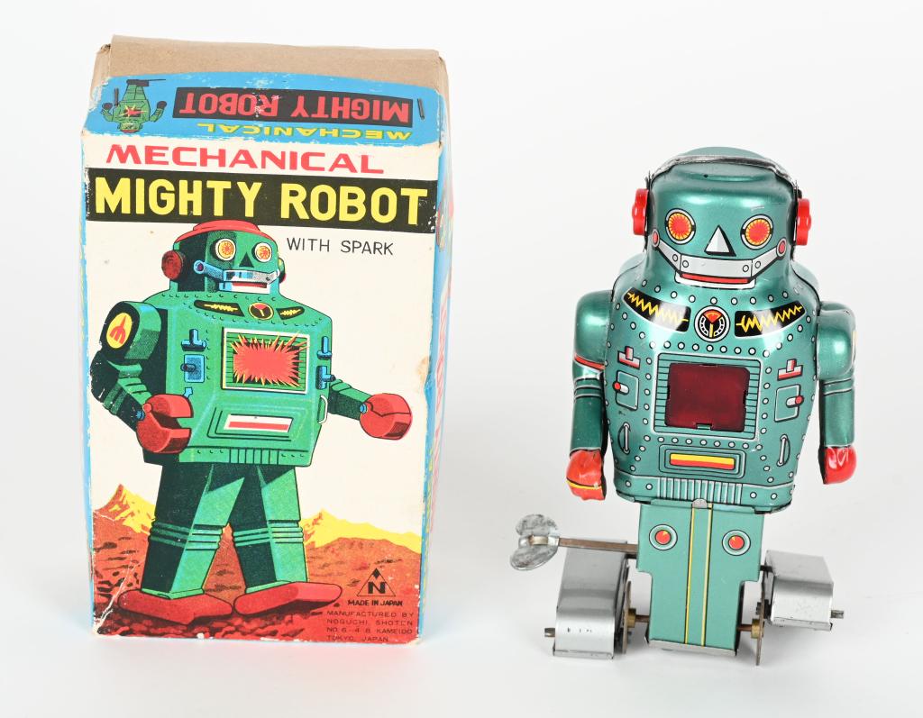 JAPAN TIN WINDUP MIGHTY ROBOT w/ BOX: Japan tin windup Mighty Robot. All original and works. Boxed 6" Excellent