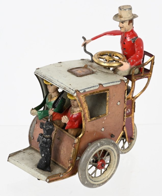 LEHMANN TIN WINDUP LILA HANSOM CAB: Beautiful Lehmann tin windup Lila Hansom Cab. Violet version. All original with riders and dog. Windup works and toy has multiple actions. A very unique Lehmann toy. 6" Excellent