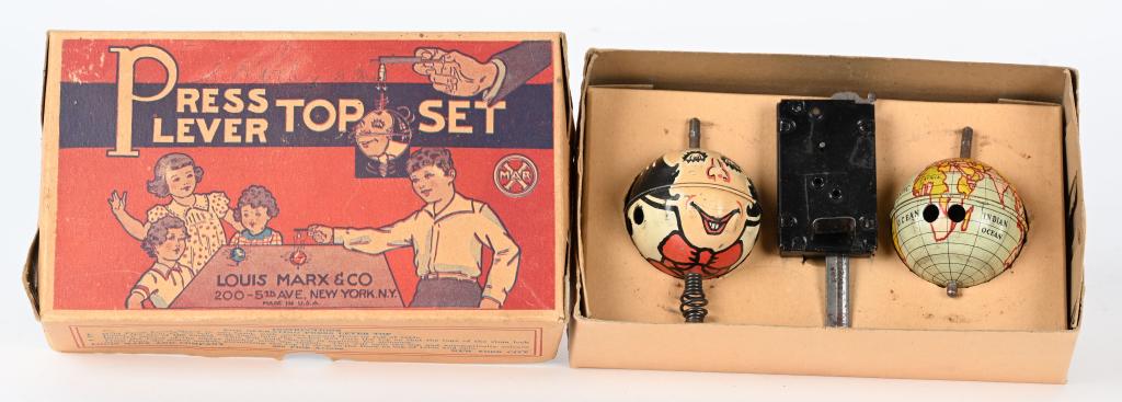 MARX PRESS LEVER TOP SET w/ BOX: All original and complete with 2 different tops. Nice graphics. Boxed 7 1/2" Excellent