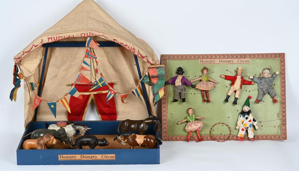 SCHOENHUT'S HUMPTY DUMPTY CIRCUS w/ BOX: Wonderful original Schoenhut's Humpty Dumpty Circus Set. Great looking set complete with Circus Tent. Set come with Ring Master, Hobo, 2 Girl Acrobats, 2 Clowns, 2 Horses, Elephant, Bear, Lion, Large 