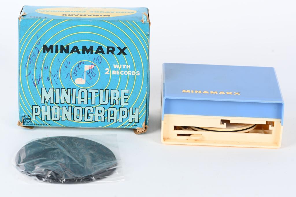 MARX PROTOTYPE MINAMARX PHONOGRAPH w/ BOX: Found in the Marx R&D Room. Has pen notes written on box. 5 1/2"