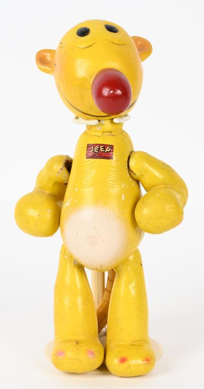 CAMEO DOLL CO WOOD JOINTED POPEYE'S PET JEEP: Cameo Doll Co wood jointed Popeye's Pet Eugene Jeep. A very hard Popeye toy to find in any condition. Toy has very nice paint. Still has original "Jeep 1935 King Features" sticker on chest. 13" Excell