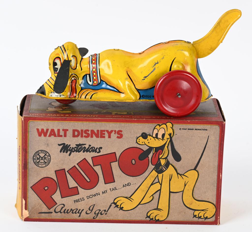 MARX TIN WINDUP MYSTERIOUS PLUTO w/ BOX: Marx Mysterious Pluto. All original and complete. Pull down tail to windup up the toy. Works. Comes with Box. 9" Excellent