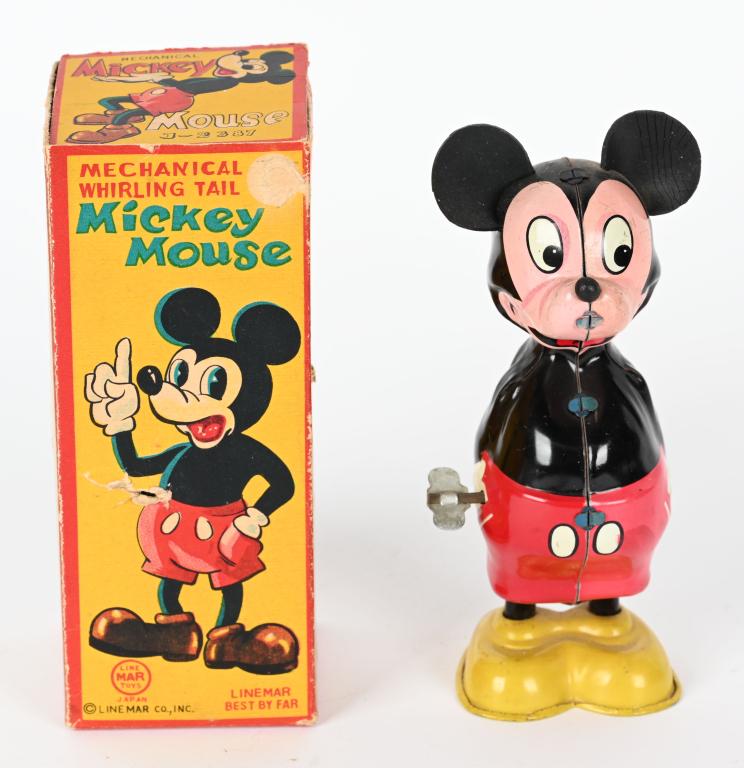 LINEMAR TIN WINDUP WHIRL TAIL MICKEY MOUSE w/ BOX: Linemar Mickey Whirl Tail Mickey. All original and complete with ears. You has nice colors. Windup works. Boxed 5 3/4" Excellent