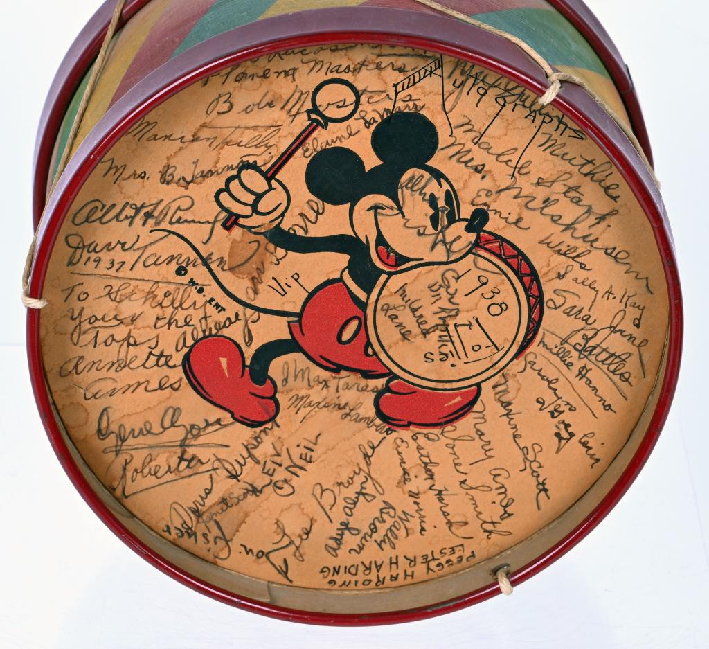 MICKEY MOUSE "1938 FOLLIES" DRUM: Great looking early Mickey Mouse Drum. Has great image of Mickey on the head of the drum. This very unique piece has a great original drawing on the bottom of a Dancing Girl with 1938 Follies, Meri Xm
