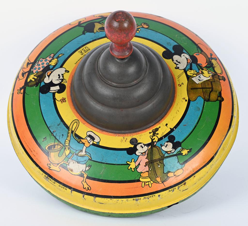 BORGFELDT WDE MICKEY MOUSE & FRIENDS TOP: Borgfeldt Walt Disney Enterprises Mickey Mouse and Friends Top. Great images of Mickey, Minnie, Baby Minnie, Baby Mickey, Donald Duck, and Horace Horsecollar. Has minor edge wear. 10" Very Good-Excell