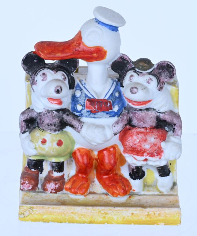 DONALD, MICKEY, & MINNIE MOUSE TOOTHBRUSH HOLDER: Great Long Billed Donald Duck with Mickey & Minnie mouse Bisque Toothbrush Holder. All original with nice colors. 4" Excellent