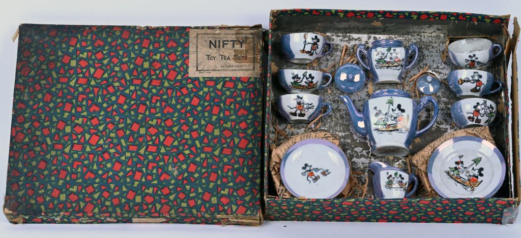 PRE-WAR JAPAN MICKEY MOUSE TEA SET w/ BOX: Nifty Pre-War Japan Mickey Mouse Tea Set. All complete with nice colors and graphics. Boxed with Insert 12" Excellent