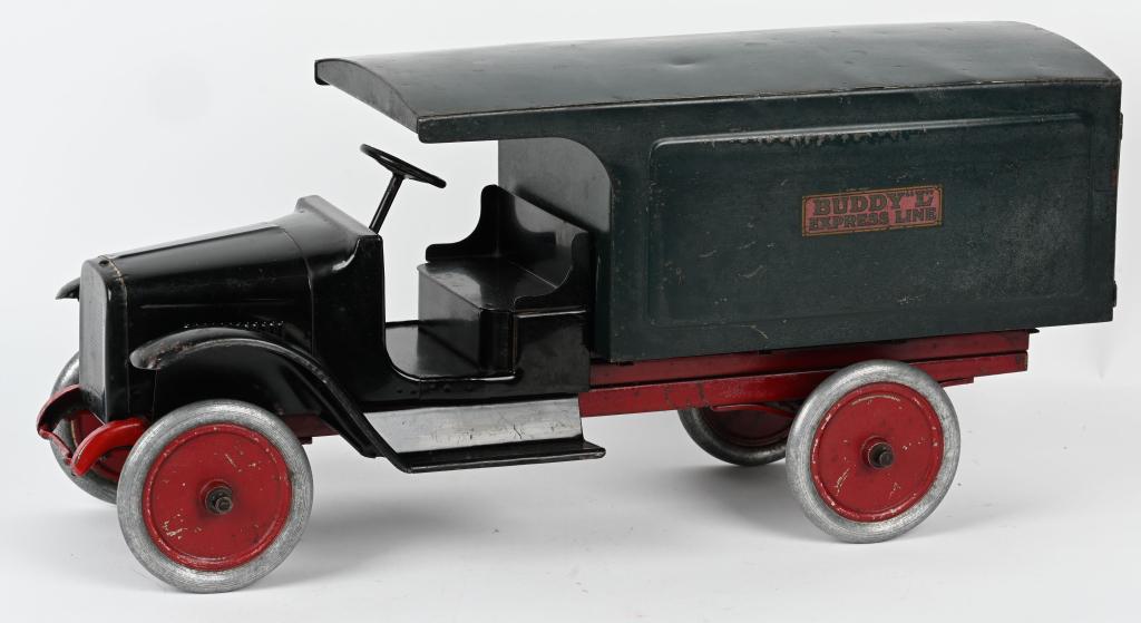 BUDDY L PRESSED STEEL EXPRESS MOVING VAN: Buddy L pressed steel Express Moving Van. All original and complete with back doors. Paint and decals are in great condition. A very nice example of a hard to find Buddy L. 25" Excellent