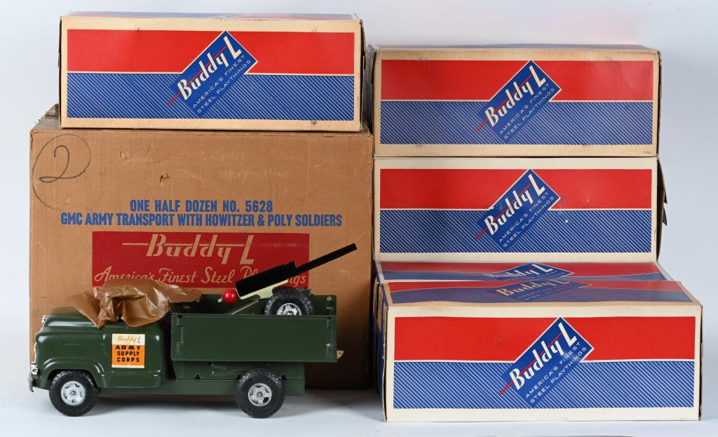 BUDDY L FACTORY CASE of 6 #5628 ARMY TRANSPORTS: New Old Stock Buddy L Factory Case of 6 #5628 Army Transport Trucks. All six trucks and New Old Stock in original Boxes. The six boxed trucks are still in the factory case Box. True New Old Stock!!! E