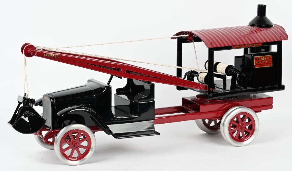 BUDDY L PRESSED STEEL DREDGE TRUCK: Custom Buddy L pressed steel Dredge Truck. Wonderful looking truck using Buddy L Can and Frame along with a Buddy L Dredge. Has aluminum spoke wheels with dual wheels on back. Toy was professionally d