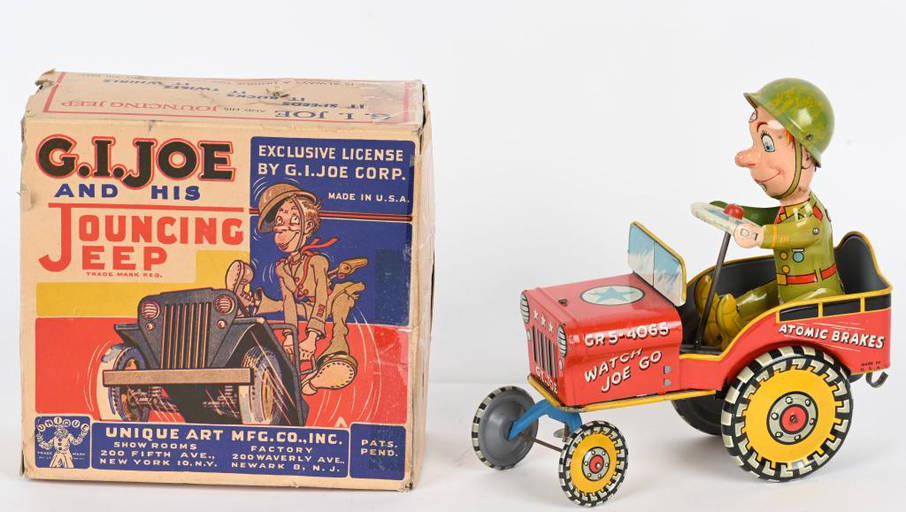 UNIQUE ART TIN WINDUP GI JOE JOUNCING JEEP w/ BOX (0420B) on Jan 07