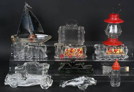 12- ANTIQUE GLASS CANDY CONTAINERS: Nice lot of Antique Candy Containers and a glass car. Condition varies. AS-IS