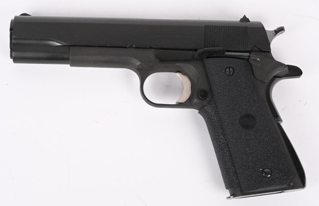 CUSTOM ITHACA 1911 A-1 SEMI AUTO PISTOL: SERIAL NUMBER R07155. BARREL 5". CALIBER .45 ACP. Custom gun features a WWII Ithaca slide with newly made frame, Supreme rubber wrap around grips, adjustable trigger, WWII rear sight, short wide spur