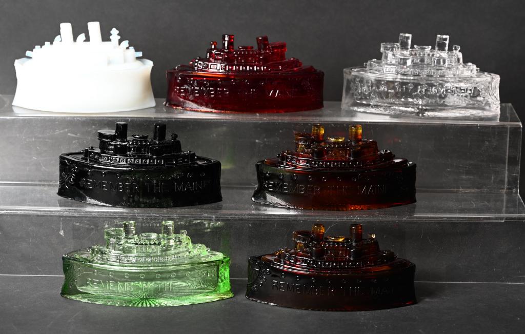 SPAN AM PATRIOTIC CANDY JARS REMEMBER THE MAINE: Collection of Candy or mustard dishes to include 1( Antique Milk Glass Lidded Candy Mustard Dish Battleship Span Am War. In excellent condition with sharp edges all around. This is either Spanish Ame