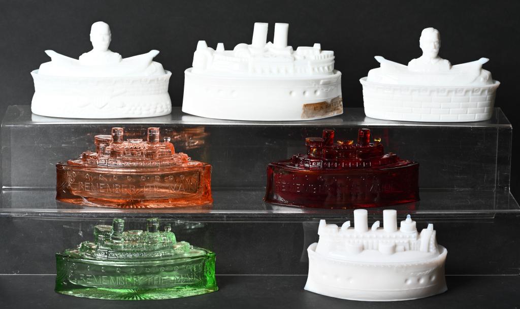 SPAN AM PATRIOTIC CANDY JARS REMEMBER THE MAINE: Collection of Candy or mustard dishes to include 1( Antique Milk Glass Lidded Candy Mustard Dish Battleship Span Am War. In excellent condition with sharp edges all around. This is either Spanish Ame