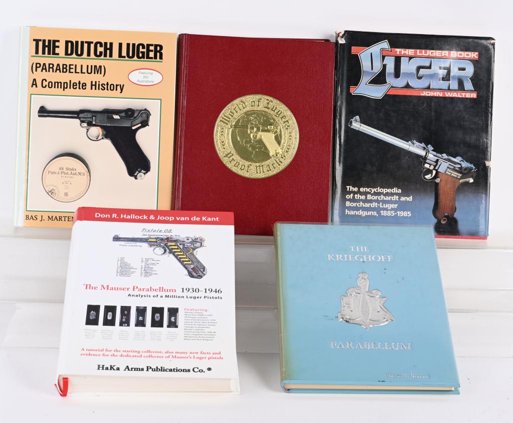 LOT (5) BOOKS ON LUGER PISTOLS: A. THE KRIEGHOFF PARABELLUM BY GIBSON. #544 OF 1500, AUTOGRAPHED. 1ST ED. B. THE MAUSER PARABELLUM 1930-1946 BY HALLOCK & KANT. #519 OF 1090 AUTOGRAPHED. IMPOSSIBLE BOOK TO FIND C. THE LUGER BOOK BY W