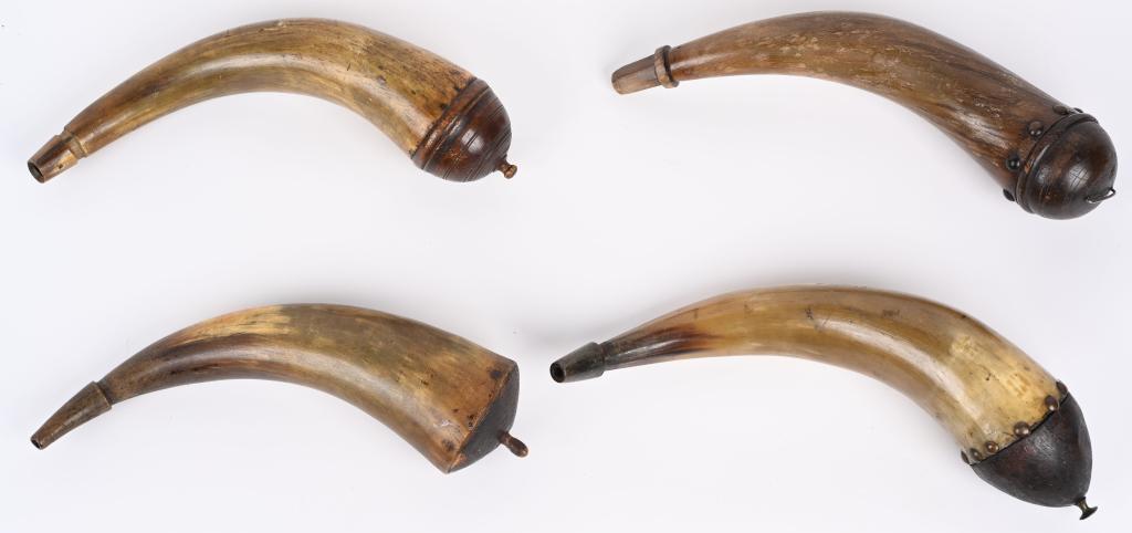 LOT (4) LARGE SIZE 19TH CENT. POWDER HORNS: Size range about 13-16". All are in excellent condition.