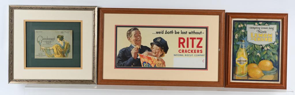 LEMON CRUSH, RITZ, & MORE ADVERTISING: Includes Lemon Crush Advertising Litho, Ritz Cracker Advertising Litho, and Cainsborough Hair Net Package. All Framed. Largest 22"x13" Excellent