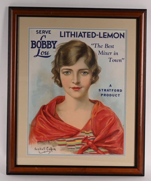 BOBBY LOU LITHIATED-LEMON ADVERTISING LITHO: Bobby Lou Lithiated-Lemon Advertising Litho. Great colors and image. Done by Artist Haskill Coffin. Framed 26"x21" Excellent