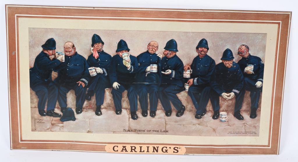 CARLING'S BEER NINE PINTS OF LAW TIN SIGN: Carling's Beer Nice Pints of Law tin over cardboard Sign. Great image of Keystone Cops drinking beer. Has a few bends. Nice colors. 21 1/2"x11 3/4" Excellent