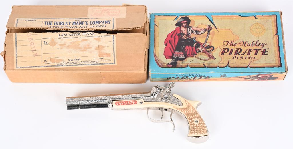 HUBLEY PIRATE CAP PISTOL w/ BOX & SHIPPER: New Old Stock Cap Pistol in Box with Shipper Box 9 1/2" Provenance- Tom Frey Collection author of Toy Bop