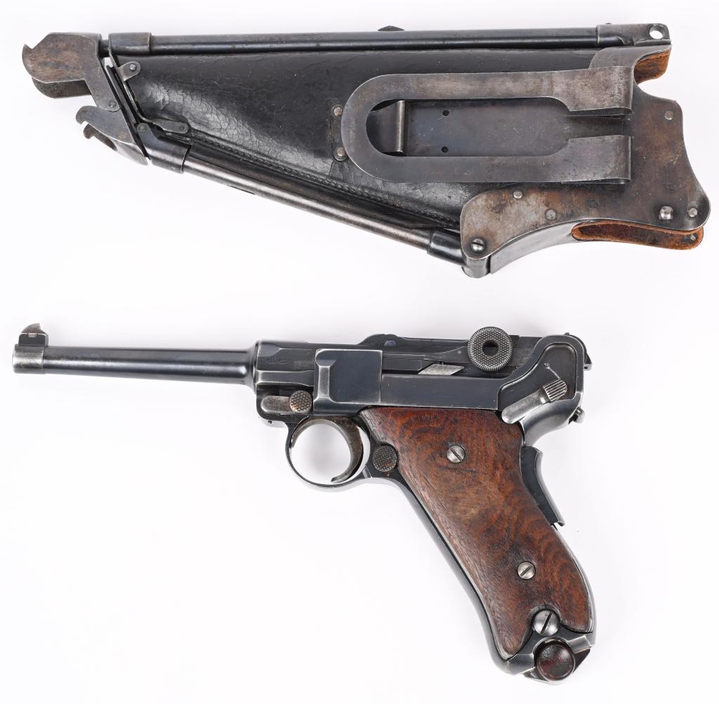 DWM 1906 LUGER WITH RARE IDEAL SHOULDER STOCK: SERIAL NUMBER: 31924. BARREL: 4-3/4". CALIBER: .30 LUGER. MANUFACTURED: 1910'S. Made in Germany, for the commercial European market. Commercial "crown/B" and "crown/U" proofs on the left side of the c