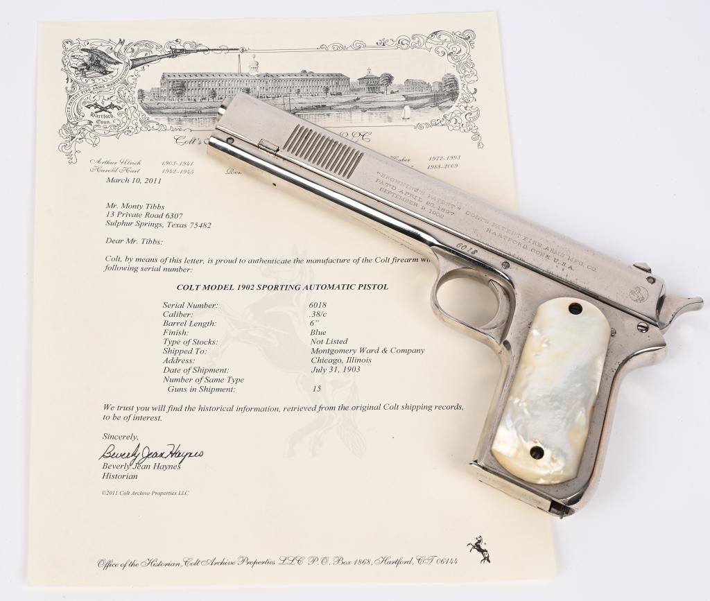 COLT MODEL 1902 SPORTING SEMI AUTO PISTOL-NICKEL: SERIAL 6018. BARREL 6". CALIBER .38 AUTO. Factory letter states gun was shipped to Montgomery Wards in Chicago on July 31, 1903 as a blue standard gun. It was period nickel plated and fitted with thic