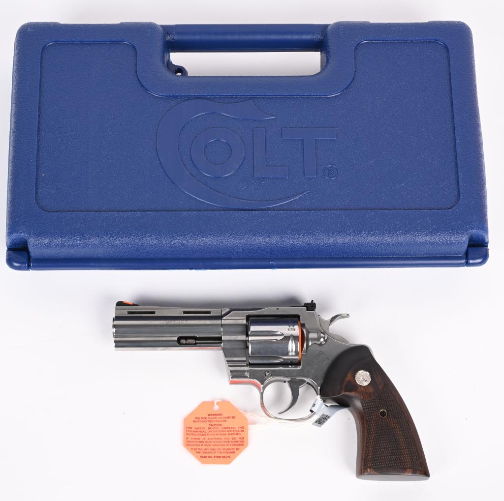 COLT PYTON DOUBLE ACTION REVOLVER: SERIAL NUMBER: PY217893. BARREL: 4-1/4". CALIBER: .357 MAG. MANUFACTURED: 2020'S. Colts revamp of the classic snake gun series. Vent rib barrel with blade front sight and adjustable u-notch rear. Poli