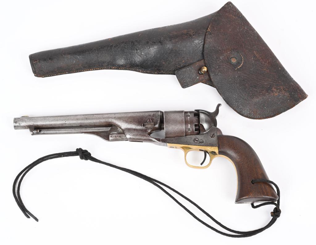 MARTIAL COLT MODEL 1860 ARMY REVOLVER: SERIAL 114106. BARREL 8". CALIBER 44. MADE IN 1863. ALL MATCHING NUMBERS EXCEPT WEDGE. Has visible cartouche on both sides of walnut grips. Steel back strap & recoil shield cut for shoulder stock. Reb
