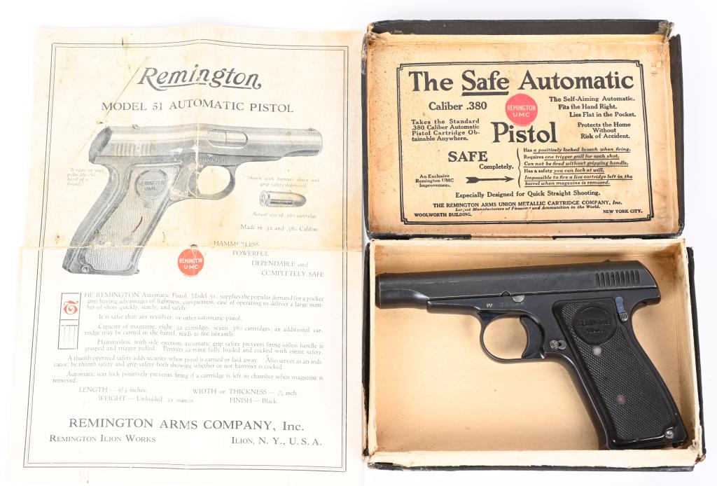 BOXED REMINGTON MODEL 51 SEMI AUTO PISTOL: SERIAL PA33824. BARREL 3 1/4". CALIBER .380. Made from 1918 to 1934. The top of the slide is serrated and has two line address with patent pending. Fixed sights, 9 groove slide, black checkered grips 