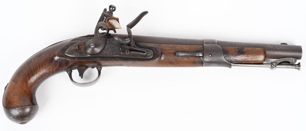 US MODEL 1819 SIMEON NORTH FLINTLOCK PISTOL: SERIAL NUMBER N/A BARREL 10" CALIBER 54 SMOOTHBORE MANUFACTURED 1822. Total production of 20400 between 1819 and 1823. Lock dated 1822 with "S. NORTH" over eagle "MIDLTN CONN" below eagle. Lock has sl