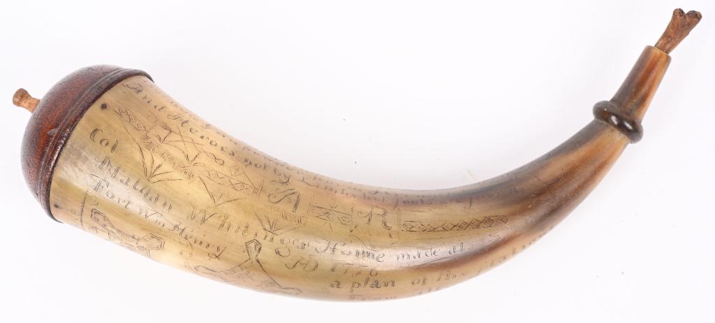 FANTASTIC NATHAN WHITING 1756 MAP POWDER HORN: Etching consists of following; A. Col. Nathan Whiting home made AD 1756. B. Map of river from Albany to Fort Wm Henry (etched name) with two drawings of fort on Lake George. Under the river (Hudson) i