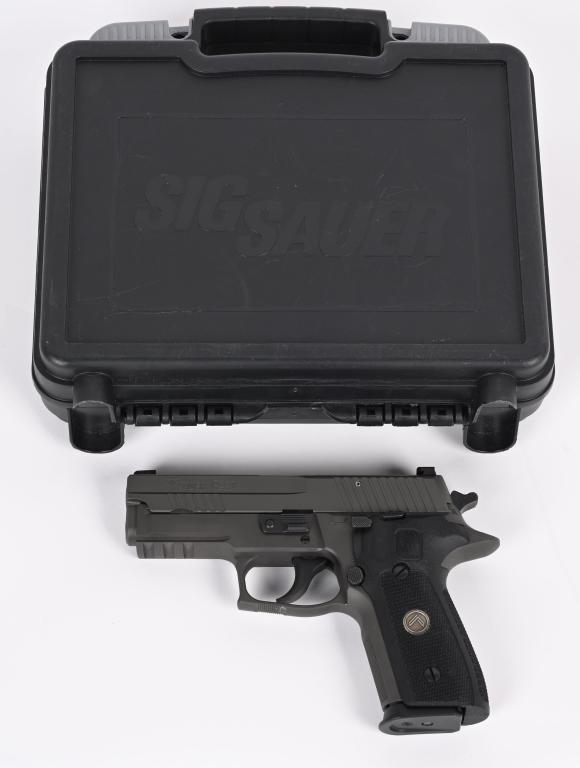 LINE NEW SIG SAUER P229 LEGION 9MM WITH CASE: SERIAL NUMBER: 55B068265. BARREL: 4". CALIBER: 9MM LUGER. MANUFACTURED: 2016. Legion edition P229, with tru-glo sights. Gray phosphate finish and textured composite grips. Flash light rail on the bott