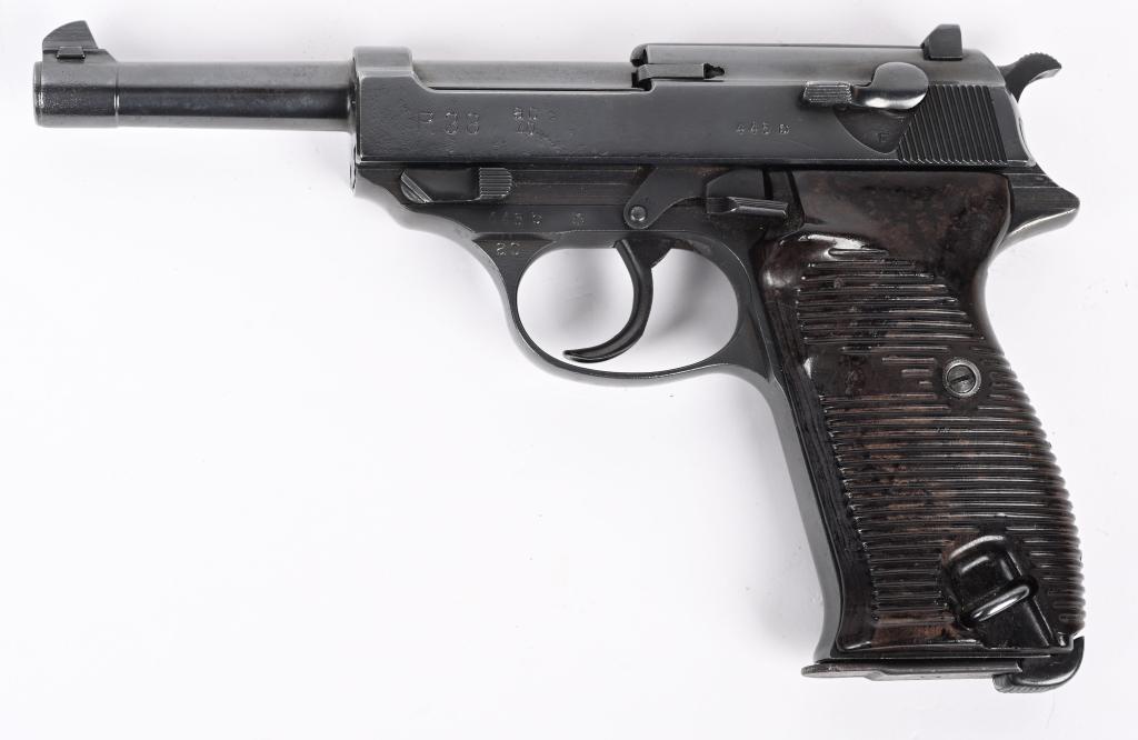 PRE-WW2 WALTHER AC40 P-38 9MM PISTOL: SERIAL NUMBER 445b BARREL 4 7/8" CALIBER 9MM PARA, MANUFACTURED 1940. Slide marked P.38 AC40 in stack date fashion. inspected Eagle 359. Frame slide barrel and locking block all matching numbers and p