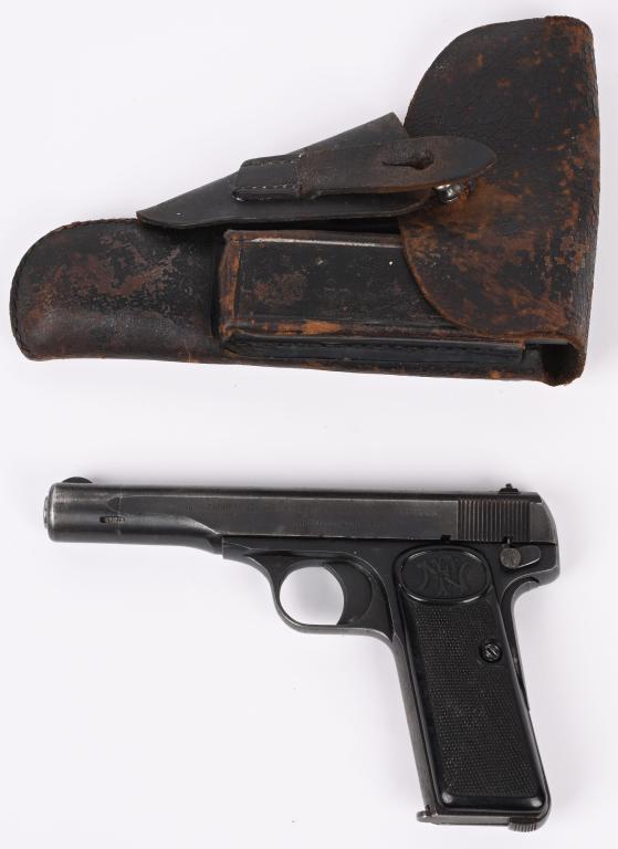 WW2 GERMAN OCCUPATION MARKED FN 1922 WITH HOLSTER: SERIAL NUMBER: 9705E. BARREL: 4-1/2". CALIBER: .32 ACP. MANUFACTURED: 1940'S. No import marks found. Matching serial numbers on the frame, slide, barrel and barrel nut. "eagle/N" proofs on the frame, 