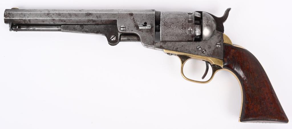 MANHATTAN FIREARMS NAVY PERCUSSION REVOLVER: SERIAL 59552. BARREL 6.5". CALIBER .36 / FIVE SHOT, MADE 1860'S. All matching numbers on metal except wedge, which is a "home made" replacement. Features full octagon barrel with legend, brass straps,