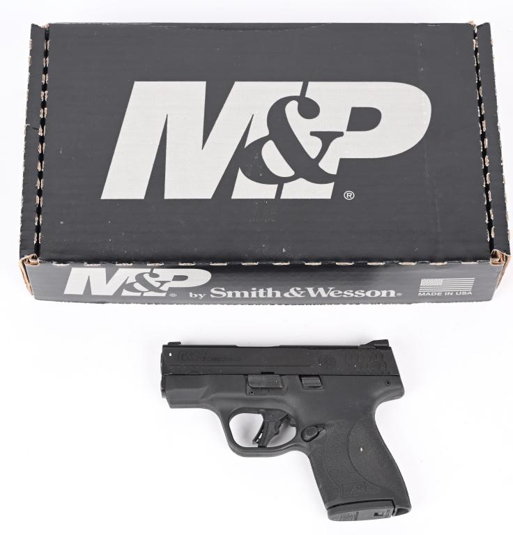 SMITH & WESSON M&P 9 SHIELD PLUS WITH BOX: SERIAL NUMBER: JMZ0818. BARREL: 3". CALIBER: 9MM LUGER. MANUFACTURED: 2020'S. Standard markings and features. Factory 3-dot sights. Black anodized slide and black polymer frame. Includes two factory 1