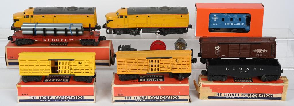 LIONEL 2023 UNION PACIFIC DIESEL & CARS: Includes 2023 A&B Units, along with 2458, 3650, 2-6656 cars, 6012, 6511 and 6017-100, Several have boxes. Excellent