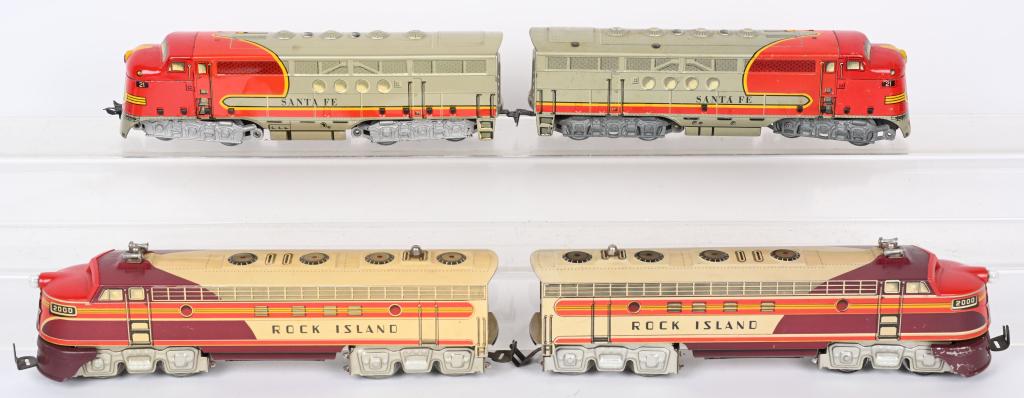 MARX ROCK ISLAND & SANTA FE DIESEL ENGINES: Includes Marx tin Rock Island Diesel Engine & Dummy, along with Marx tin Santa Fe Diesel Engine & Dummy. Very Good-Excellent