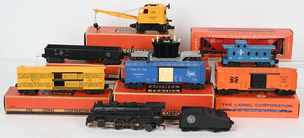 LIONEL #246 ENGINE & FREIGHT CARS: Lionel #246 Engine and Tender with #2461 Transformer Car, #6462 Gondola Car, #6356 Stock Car, #6464-735 Box Car, #3424 Brakeman Car, #3360 Buro Crane Car, #2461 Transformer Car, and #6436 Dump Car. Mo