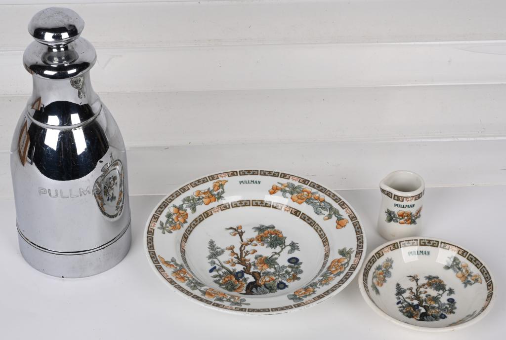 RAILROAD DINNERWARE: Railroad Dinnerware Pullman Coffee pot, Creamer, Side Dish, and Soup Plate. Excellent