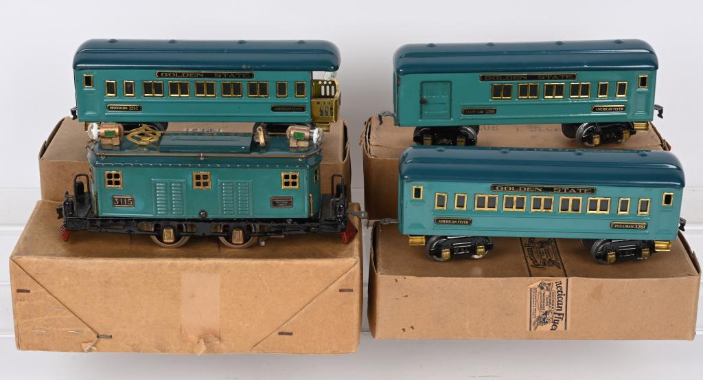 AMERICAN FLYER #3115 ENGINE & PASSENGER CARS: American Flyer #3115 Engine and Tender with #3281 Pullman Car, #3822 Observation Car, and #3280 Baggage Car. All original and in great condition. All Boxed. Excellent