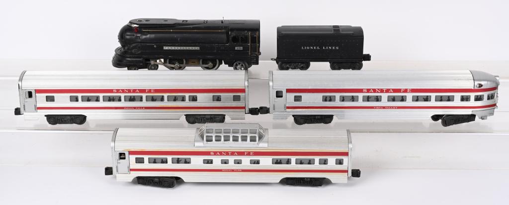 LIONEL #238 STREAMLINE ENGINE & PASSENGER CARS: Lionel #238 Bullet Streamline Engine and Tender with #2561 Santa Fe Observation Car, #2562 Santa Fe Vista Dome Car, and #2563 Santa Fe Indian Car. All in nice original condition. Excellent