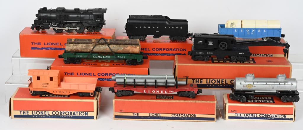 LIONEL 637 LOCOMOTIVE, TENDER & 6 CARS w/ BOXES: Includes 637 Locomotive, 2046W Tender, and Cars: 6361, 6511-24, 6112-85, 6465, 6420, and 6119-25. All Excellent with boxes.