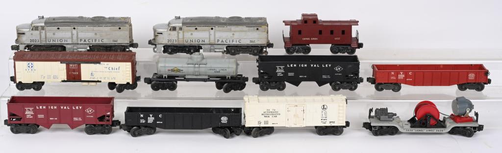 LIONEL 2023 DIESEL AB, & 9 FREIGHT CARS: Includes Diesel 2023 A&B Units, and Cars: 6672, 2-6456, 6035, 2-6462, 3472, 3650 and 6037. Condition varies. Good-Excellent