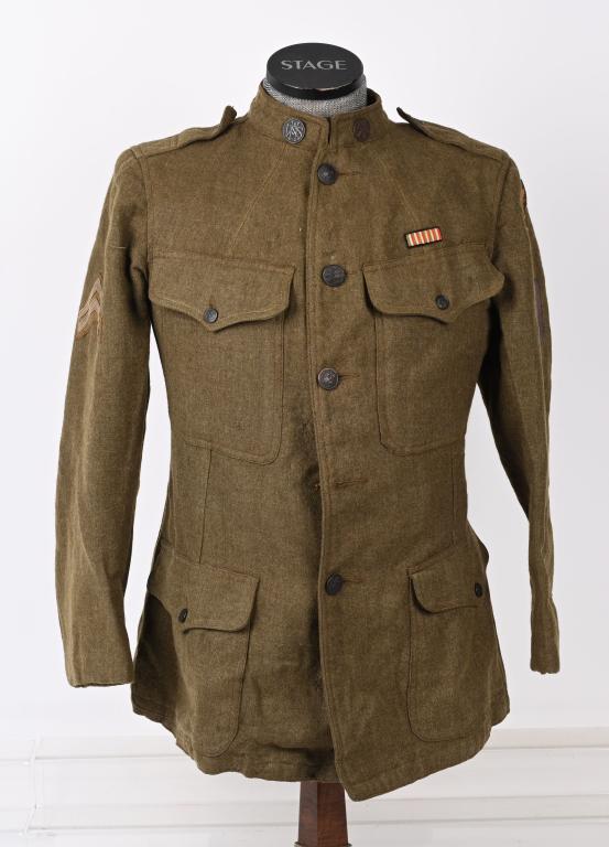 WWI U.S 332ND INFANTRY UNIFORM TUNIC TRIPLE PATCH: Company E, 2nd Battalion, 332nd Infantry Regiment uniform tunic that is triple patched. The uniform features a beautiful bullion embroidered on wool Lion of St. Mark patch, 83rd Infantry Division SSI