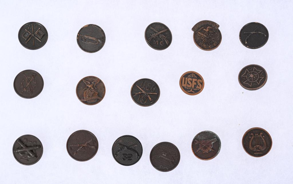 WW1 ERA COLLAR DISK LOT TANK MILITARY POLICE JAG: WWI Era Collar Disk lot to include 1) MG Crossed Rifles 2) 32nd Military Police 3) Signal Corps 4) USFS 5) Personalized Quartermaster Corps 6) Armored Infantry 7) Infantry 8) Bugler 9) Military Police