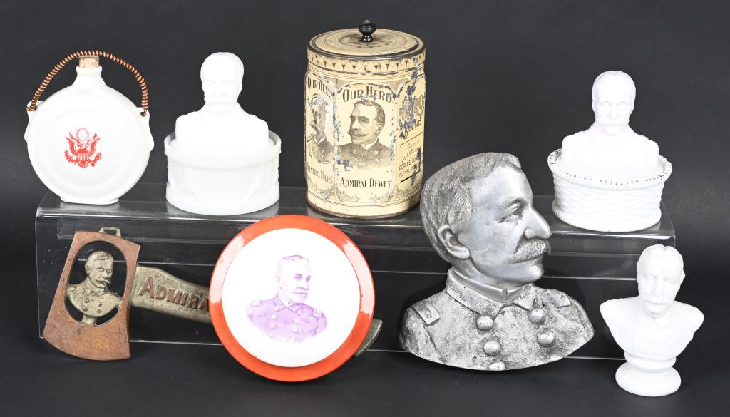 SPAN AM PATRIOTIC LOT ADMIRAL DEWEY CANTEEN BUST: Lot of Spanish American War Patriotic lot to include 1) Admiral Dewey Hero of Manila Axe measuring 11 3/4 inches 2) Aluminum side profile of Admiral Dewey bust 3) Our Heros Tin with images of General 