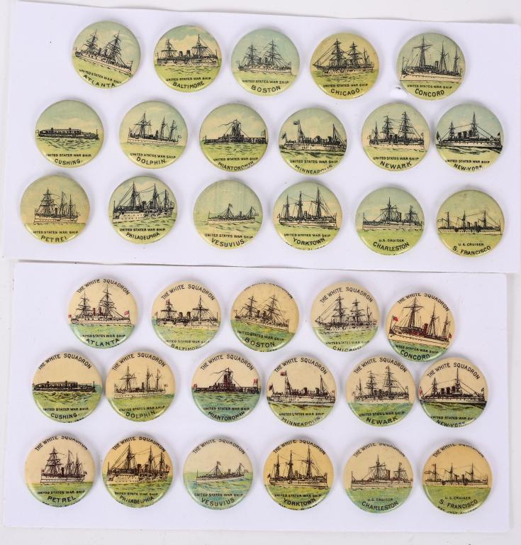 34 SPANISH AMERICAN WAR PIN BACK BUTTON LOT: Wonderful collection of Span Am patriotic buttons of the Great White Fleet including 2 of the following Warships USS Atlanta USS Baltimore USS Boston USS Chicago USS Concord USS Cushing USS Dolphin US